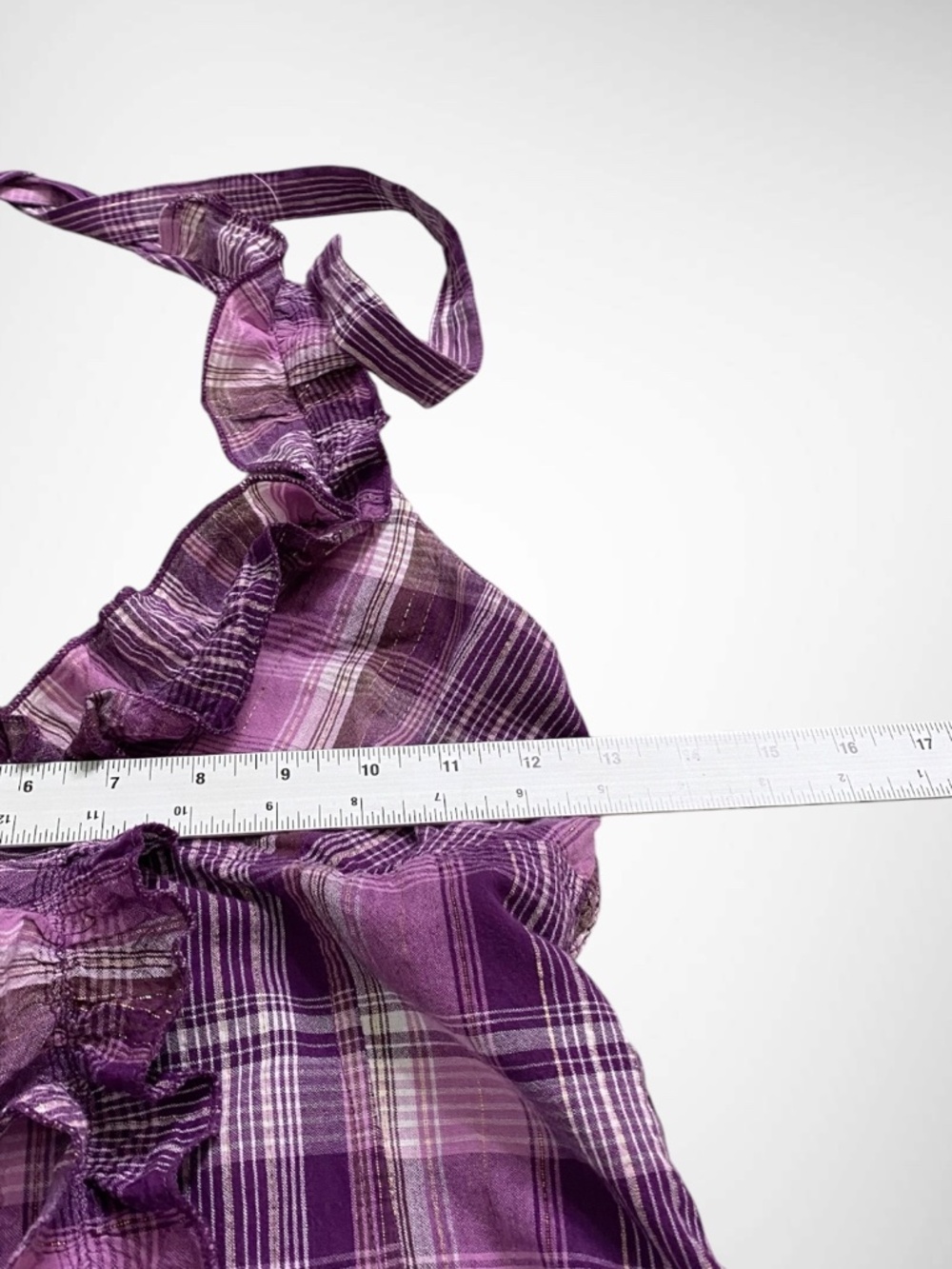 VTG Purple Plaid Ruffle Halter Top | Y2K McBling Smocked Back - Picture 7 of 7